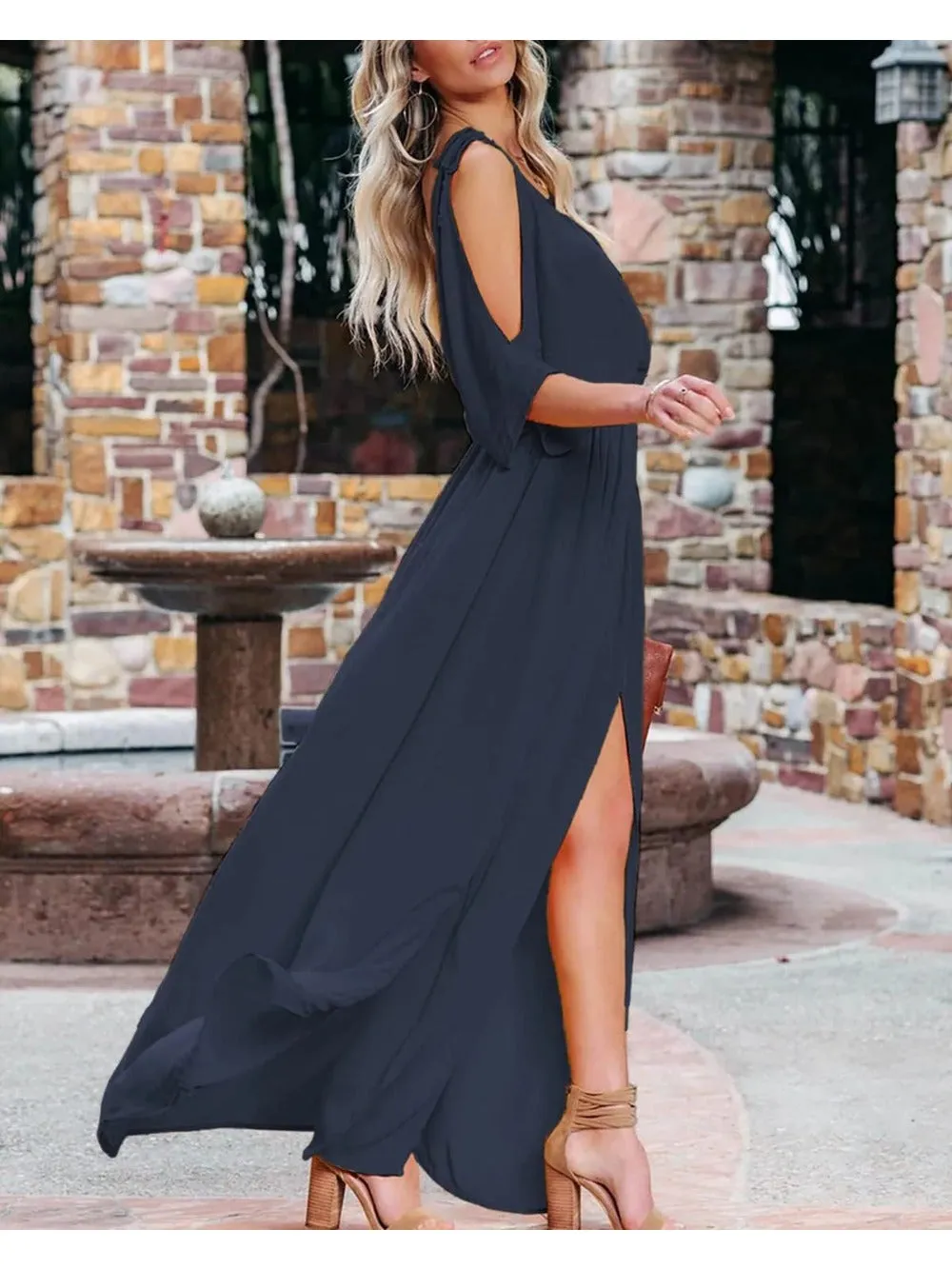 Side Split & High-Waisted Cold Shoulder Maxi Dress
