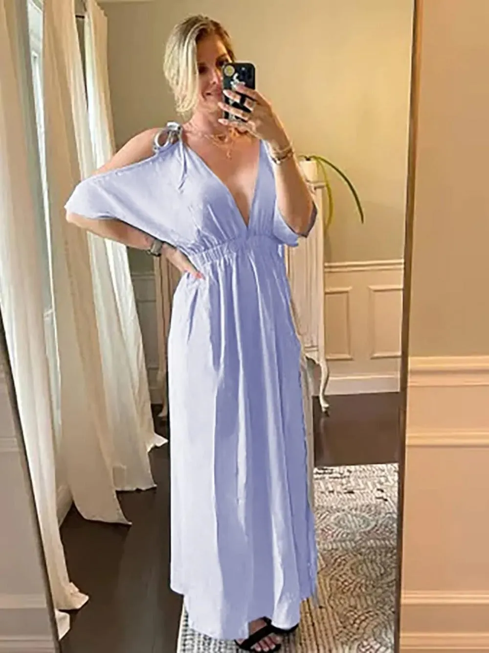 Side Split & High-Waisted Cold Shoulder Maxi Dress