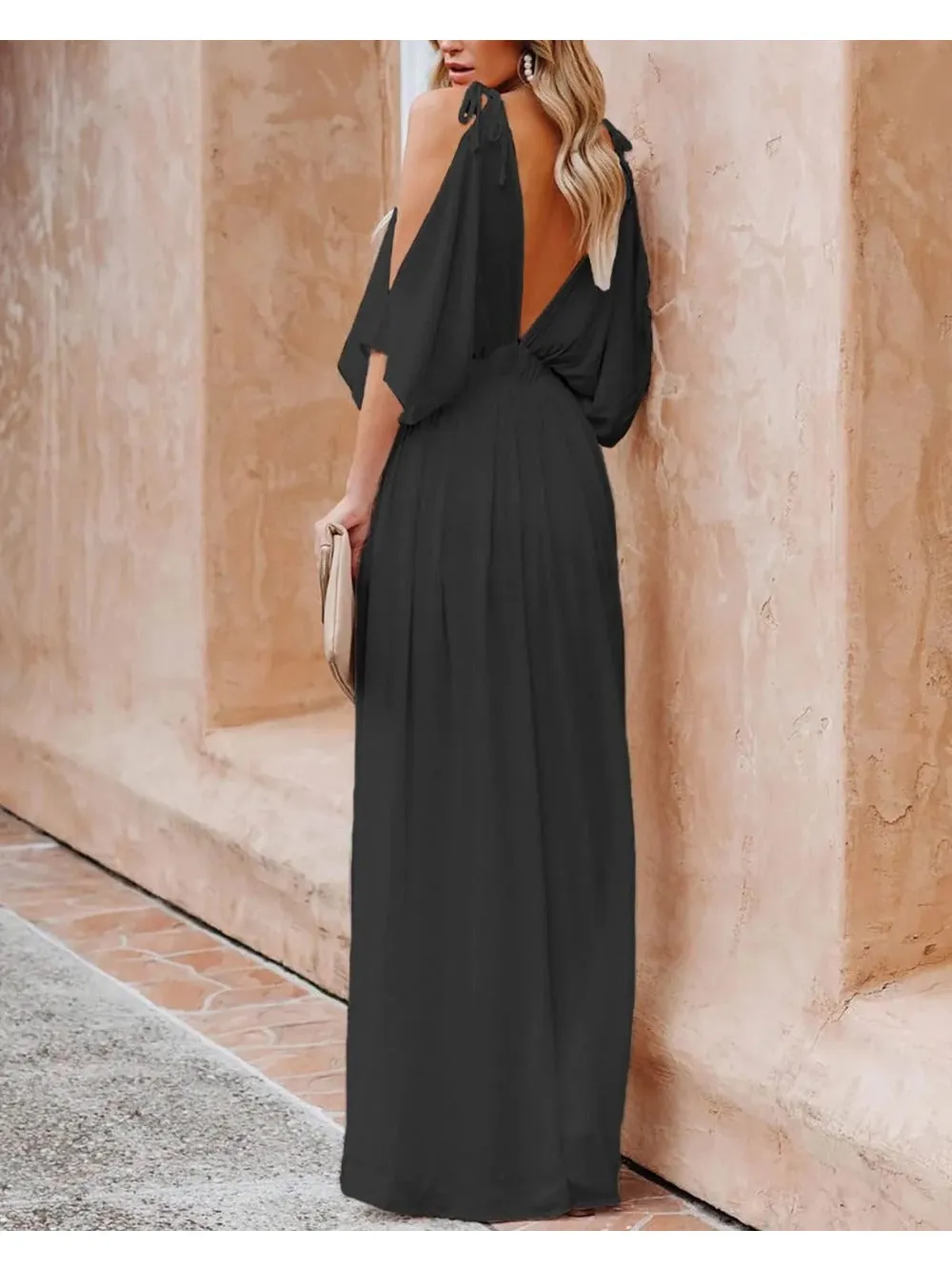 Side Split & High-Waisted Cold Shoulder Maxi Dress