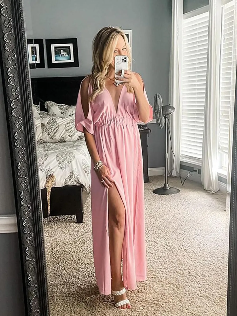 Side Split & High-Waisted Cold Shoulder Maxi Dress