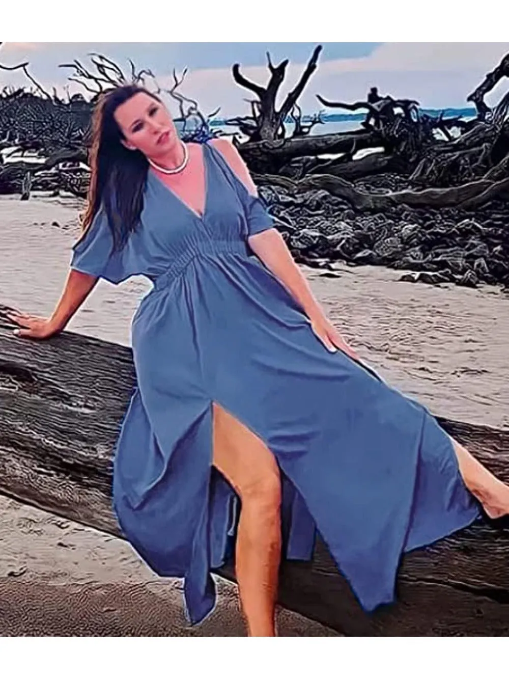 Side Split & High-Waisted Cold Shoulder Maxi Dress