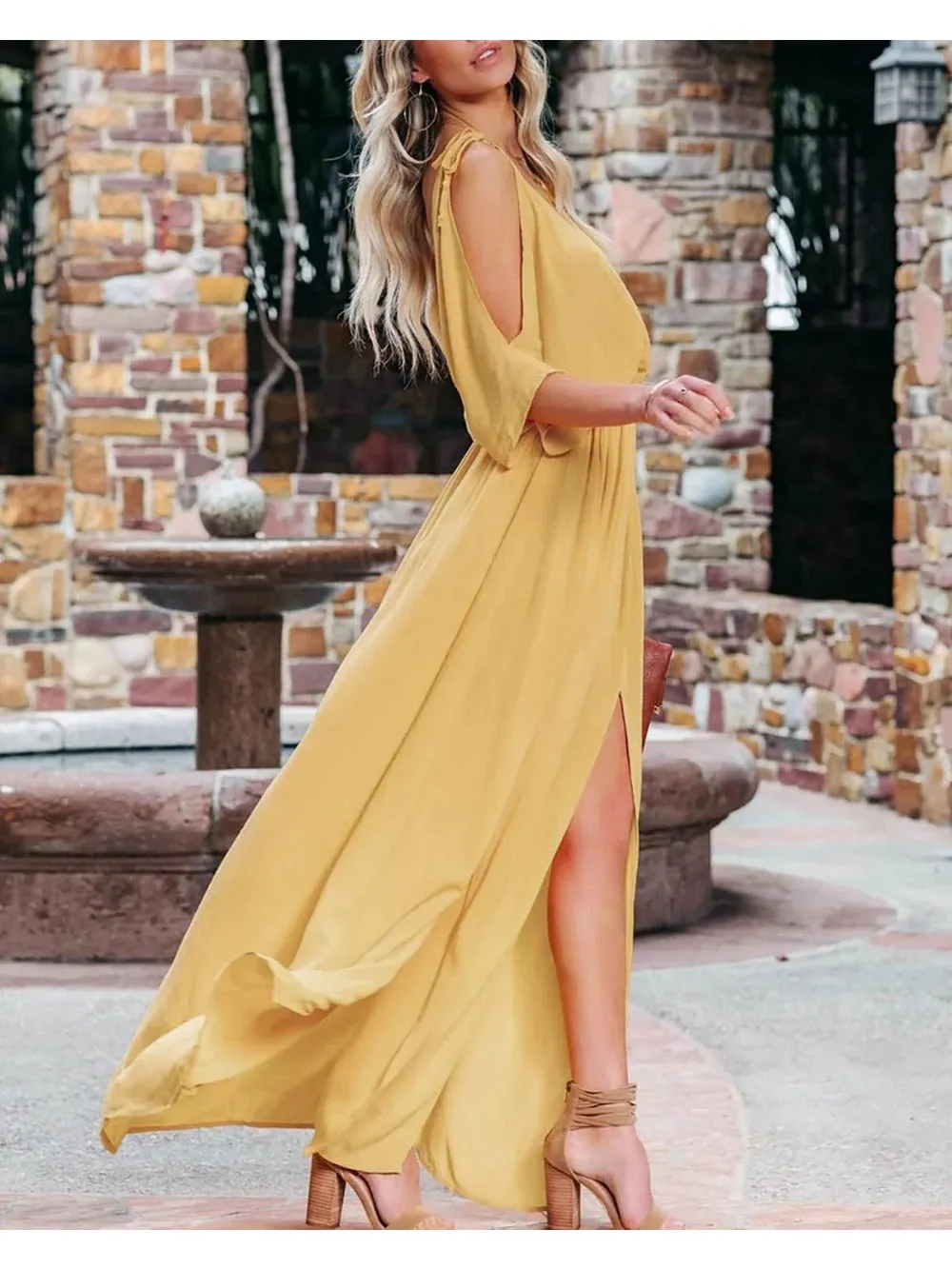Side Split & High-Waisted Cold Shoulder Maxi Dress
