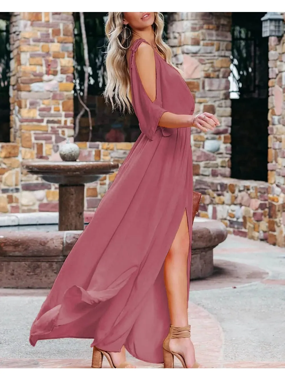 Side Split & High-Waisted Cold Shoulder Maxi Dress