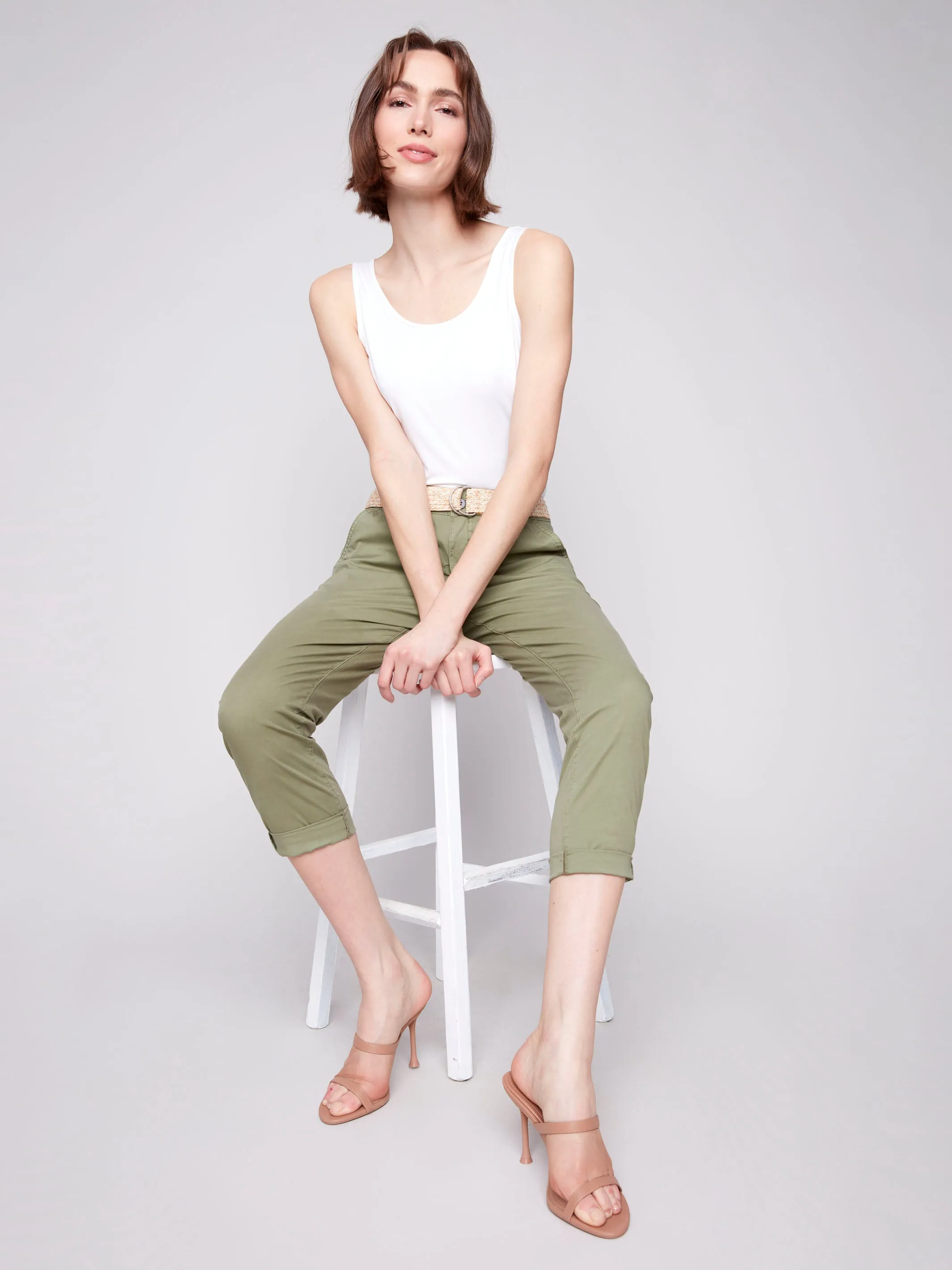 Slim Fit Pants with Belt - Celadon