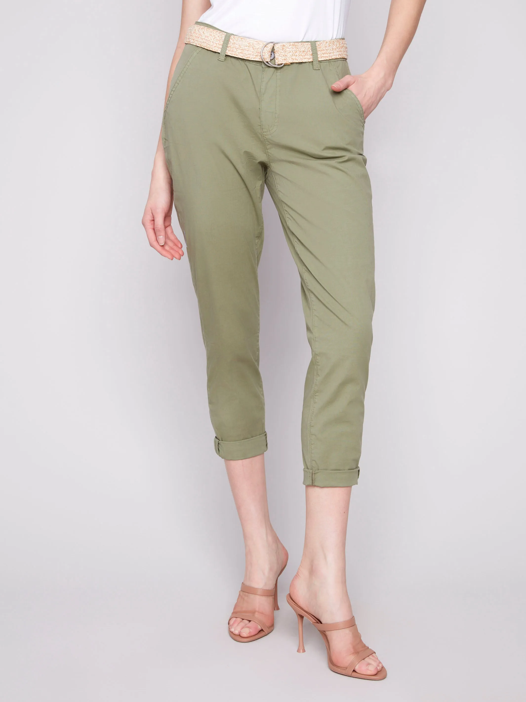 Slim Fit Pants with Belt - Celadon