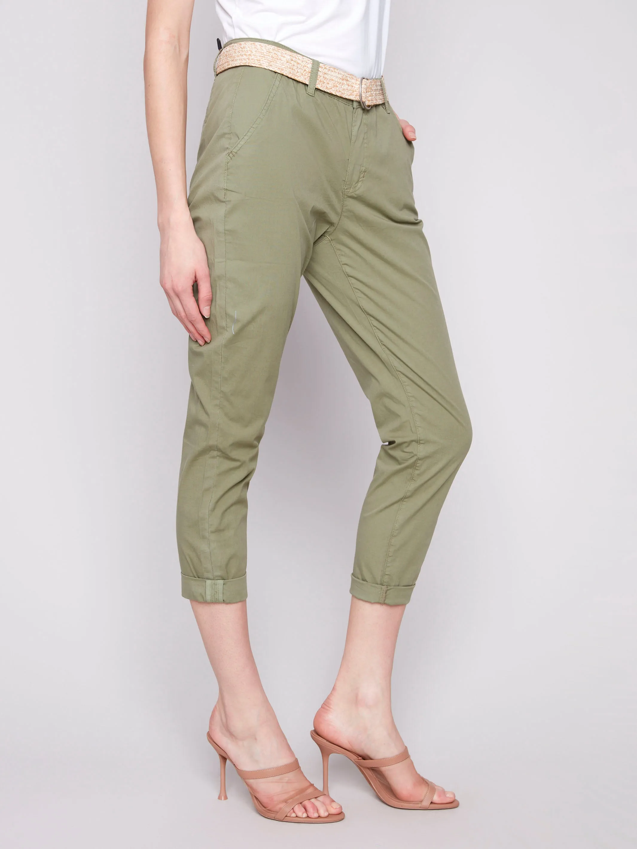 Slim Fit Pants with Belt - Celadon