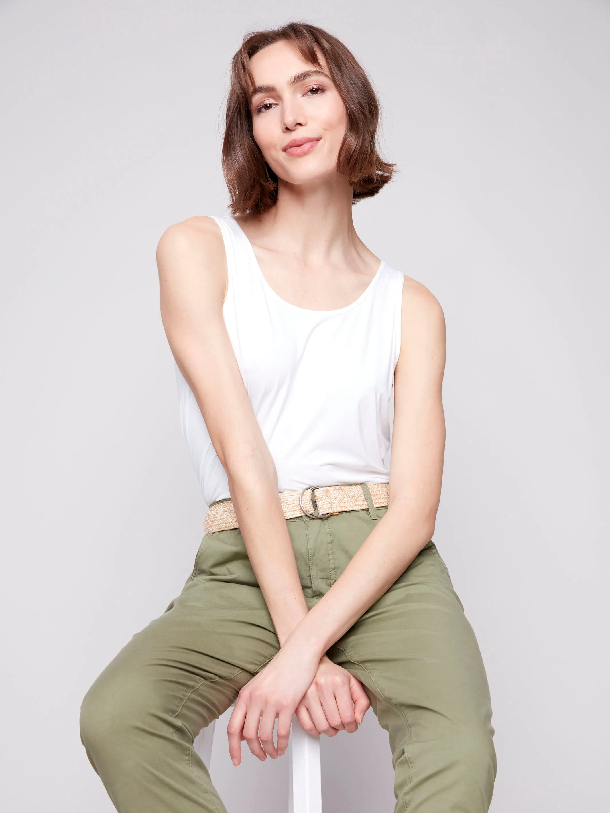 Slim Fit Pants with Belt - Celadon