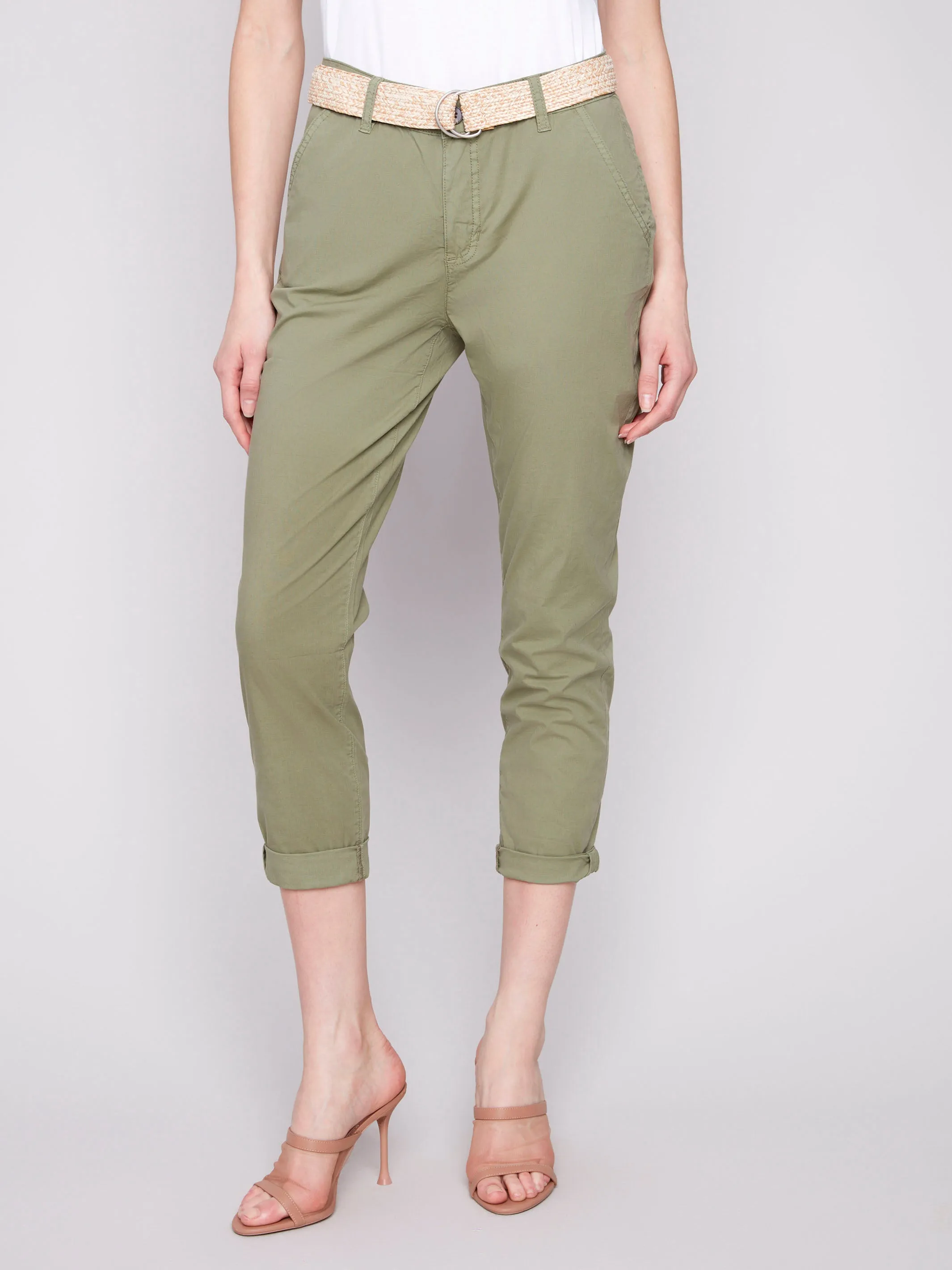 Slim Fit Pants with Belt - Celadon