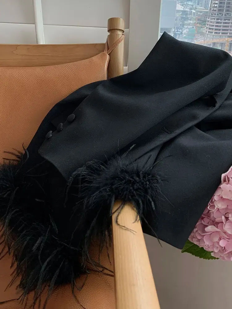 Slim Temperament Blazers For Women Notched Collar Long Sleeve Spliced Feathers Auutmn Blazer Female Fashion Clothes
