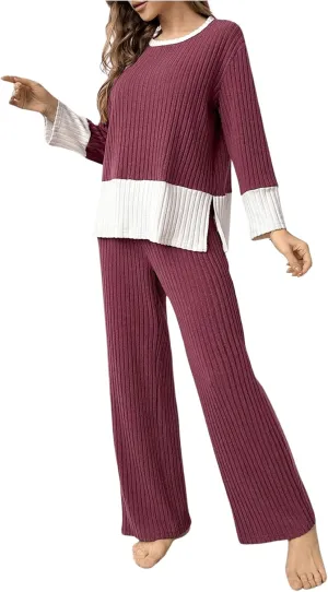 SweatyRocks Women's 2 Piece Outfits Pajama Set Long Sleeve Top Wide Leg Pants Loungewear