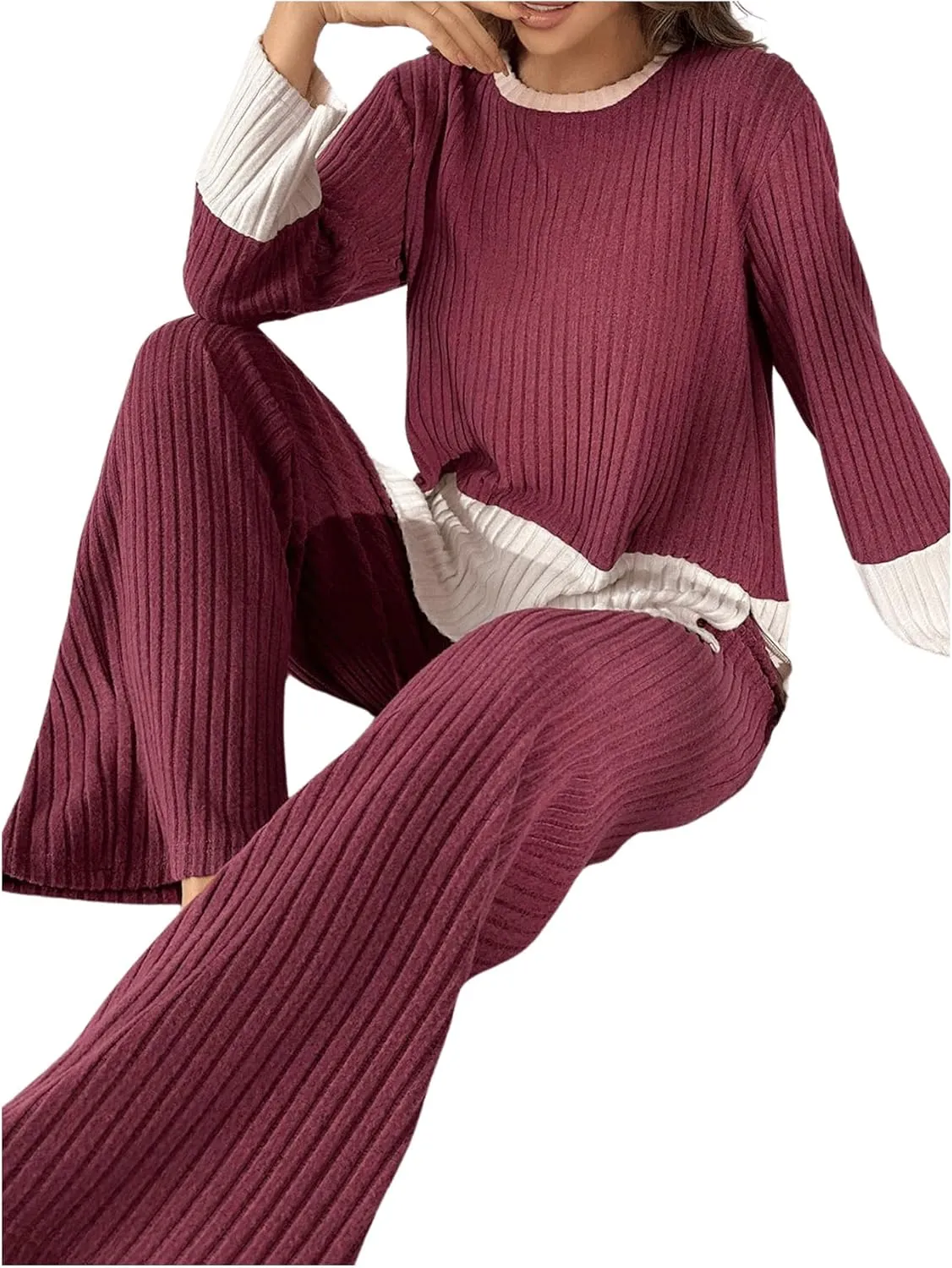 SweatyRocks Women's 2 Piece Outfits Pajama Set Long Sleeve Top Wide Leg Pants Loungewear