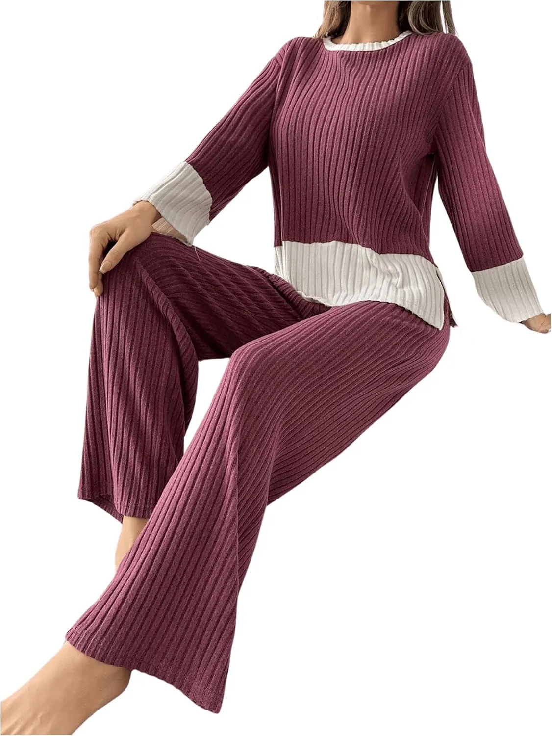 SweatyRocks Women's 2 Piece Outfits Pajama Set Long Sleeve Top Wide Leg Pants Loungewear