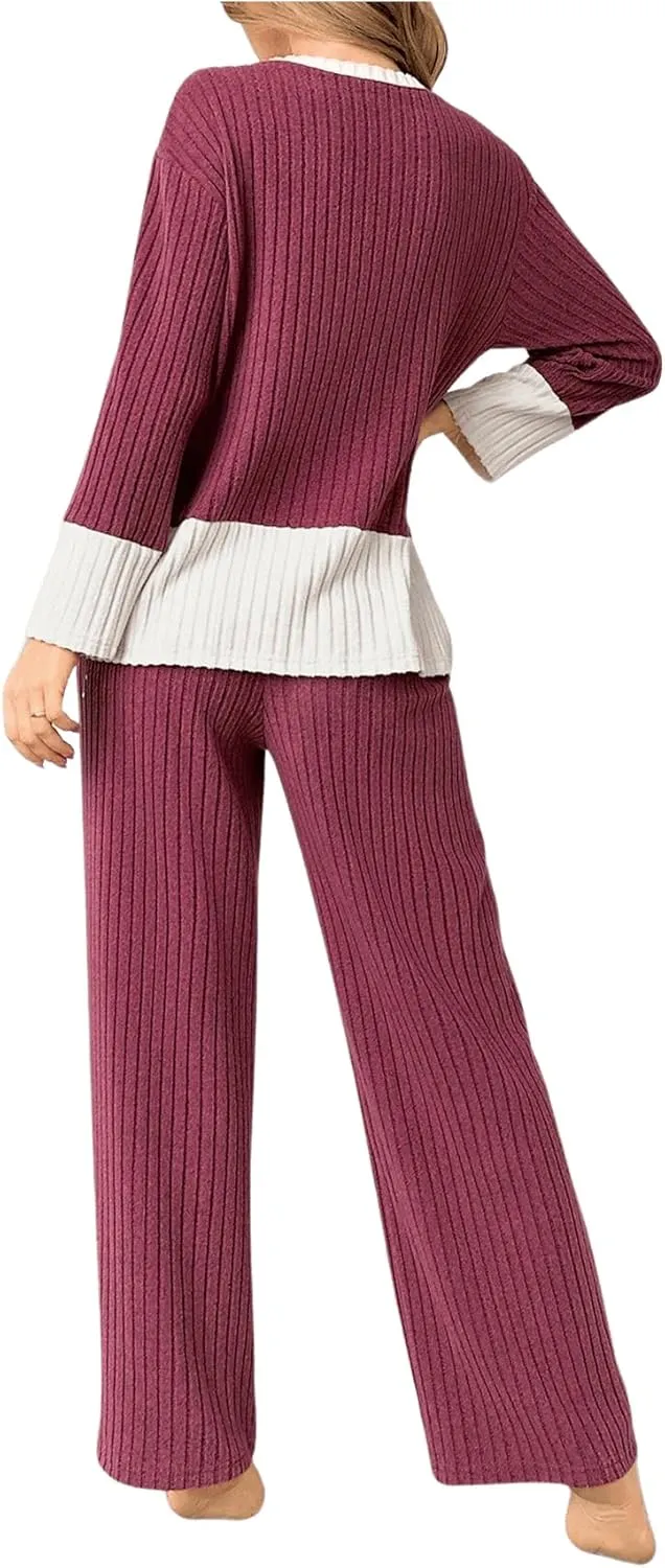 SweatyRocks Women's 2 Piece Outfits Pajama Set Long Sleeve Top Wide Leg Pants Loungewear
