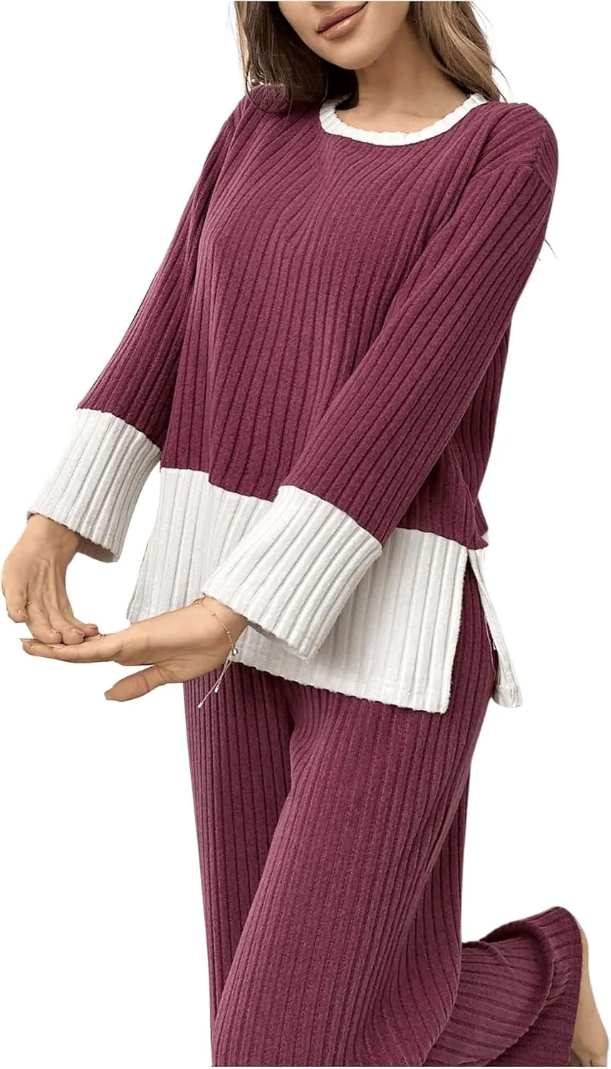 SweatyRocks Women's 2 Piece Outfits Pajama Set Long Sleeve Top Wide Leg Pants Loungewear