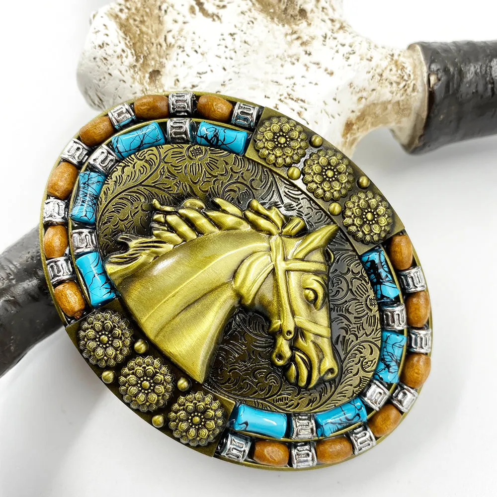 TOPACC Western Turquoise Oval Horse Belt Buckle Copper/Bronze
