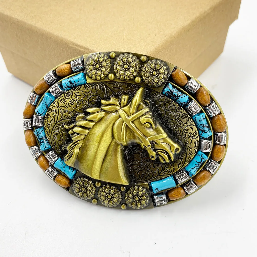 TOPACC Western Turquoise Oval Horse Belt Buckle Copper/Bronze