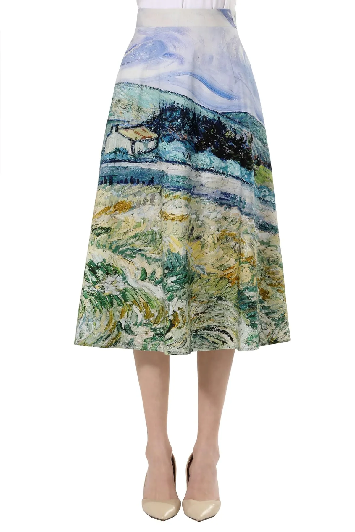 Van Gogh Farm Field Placed Print with Clear Skies A Line Cotton Skirt with Pockets