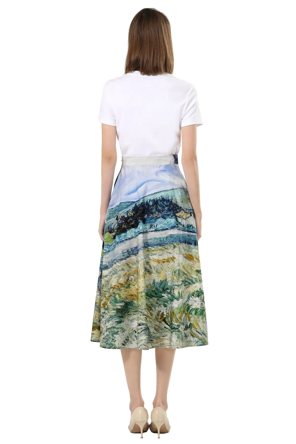 Van Gogh Farm Field Placed Print with Clear Skies A Line Cotton Skirt with Pockets