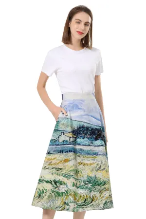 Van Gogh Farm Field Placed Print with Clear Skies A Line Cotton Skirt with Pockets