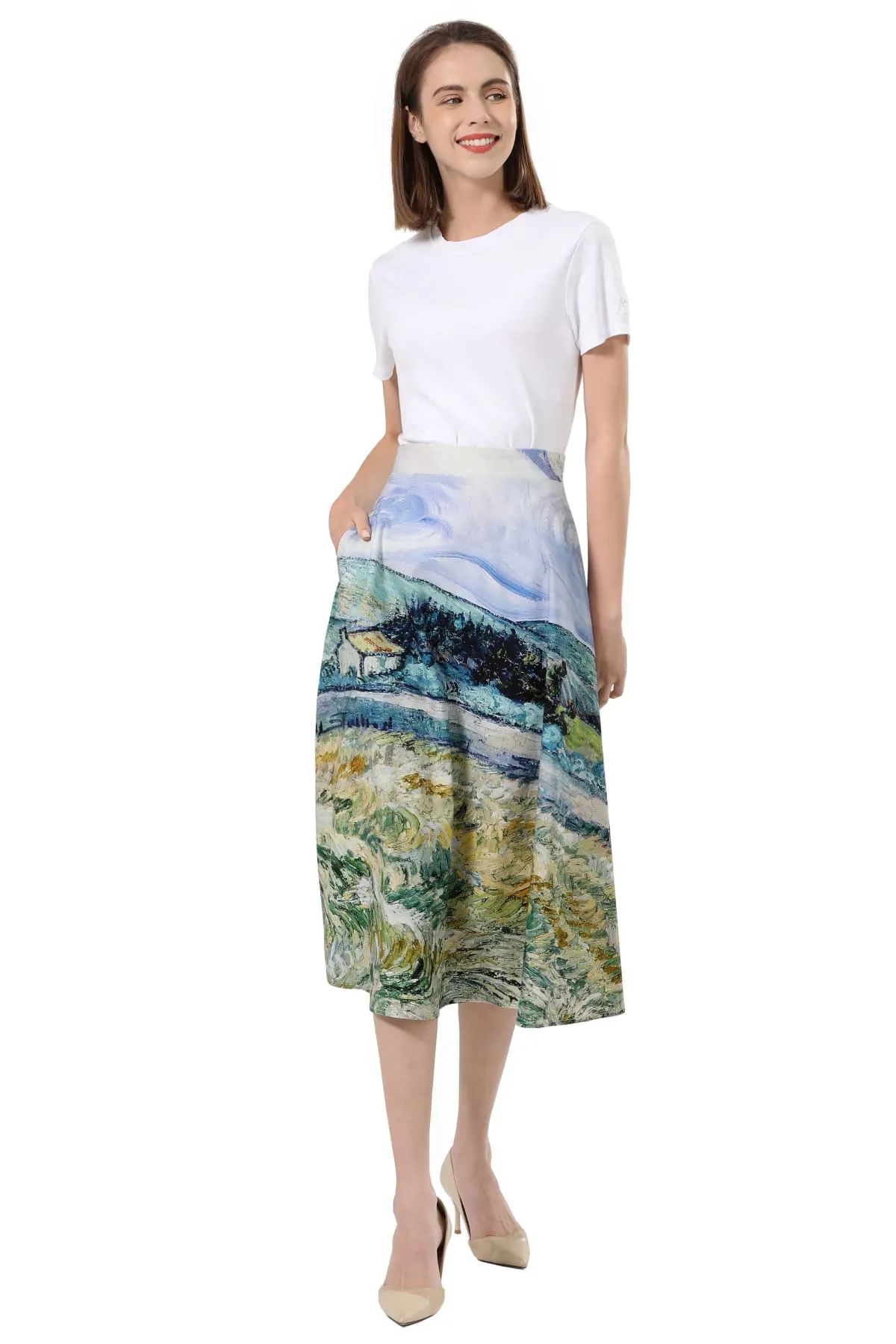 Van Gogh Farm Field Placed Print with Clear Skies A Line Cotton Skirt with Pockets