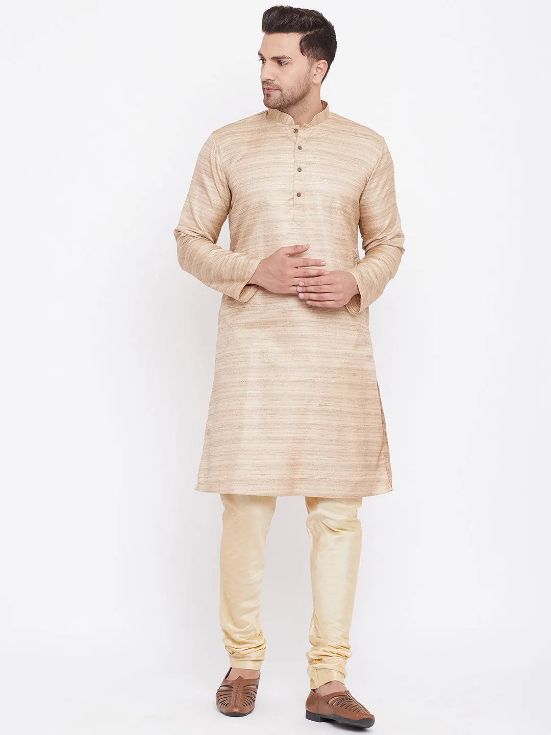 Vastramay Men's Beige Silk Kurta Pyjama