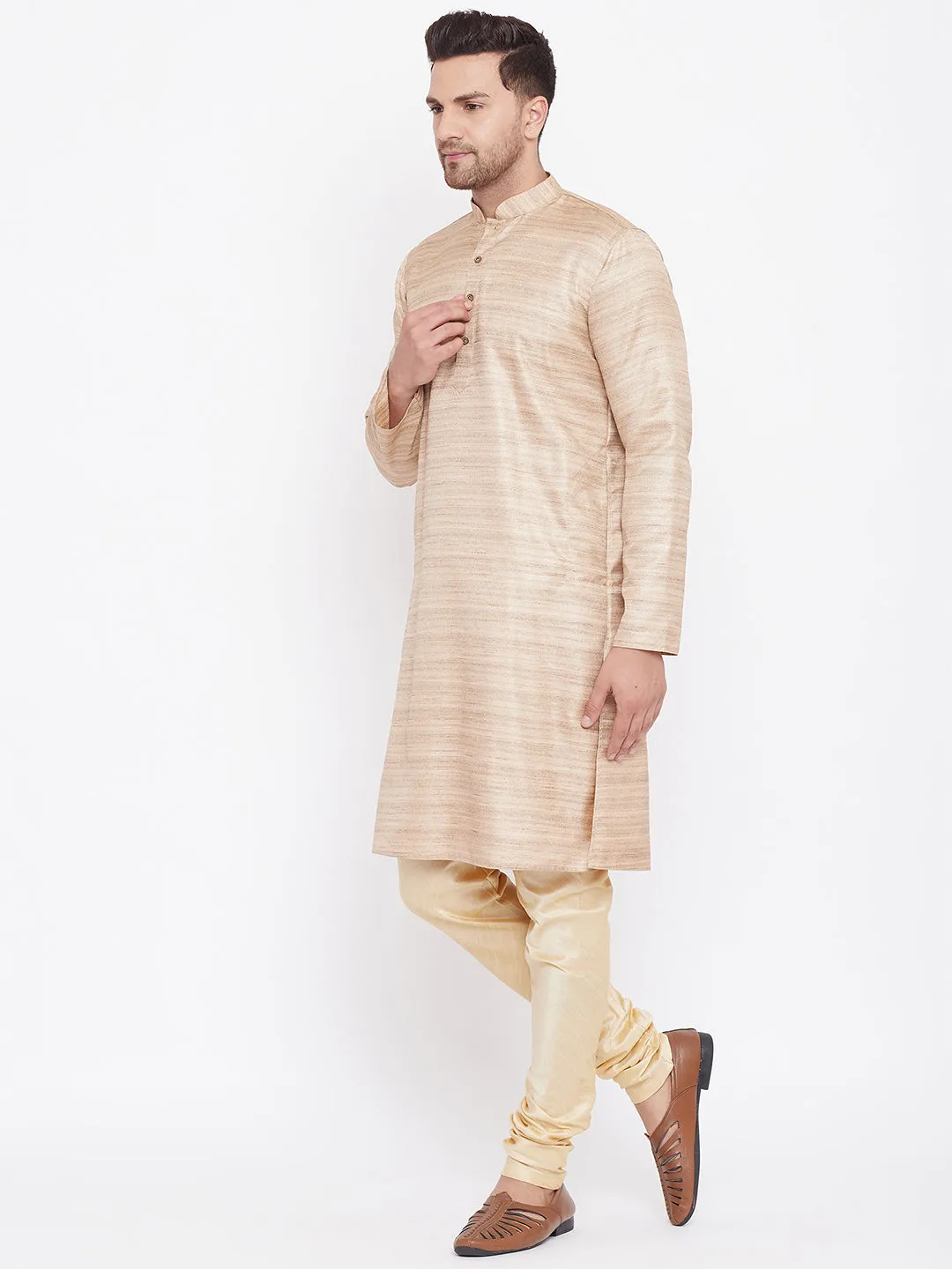 Vastramay Men's Beige Silk Kurta Pyjama