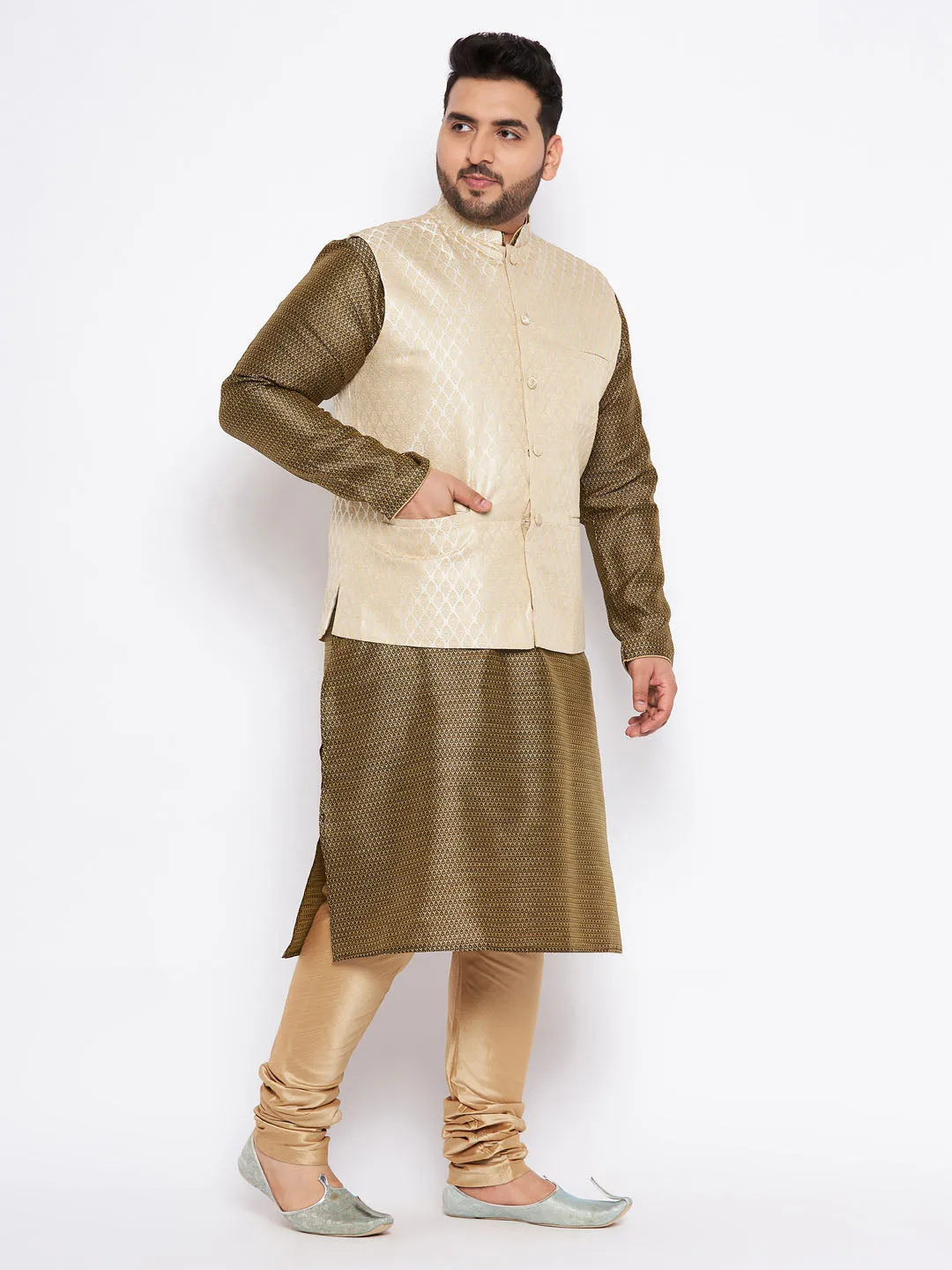 VASTRAMAY Men's Cream Jacket Kurta Set