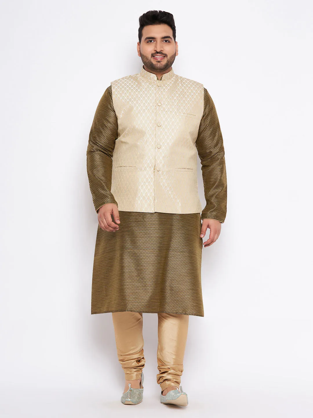 VASTRAMAY Men's Cream Jacket Kurta Set