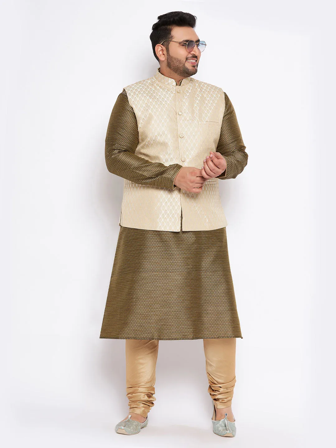 VASTRAMAY Men's Cream Jacket Kurta Set