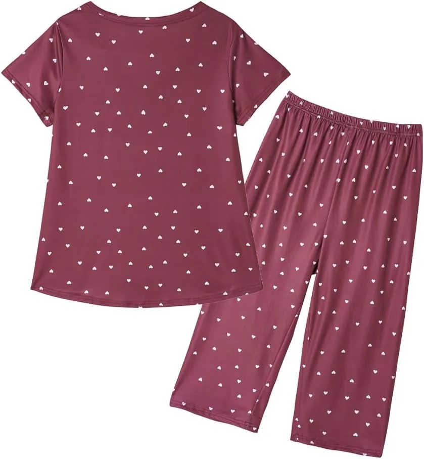 VENTELAN Women's Capri Pajama Sets Plus Size Sleepwear Top with Capri Pants 2 Piece Loungewear Set