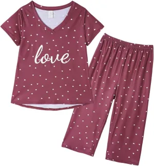 VENTELAN Women's Capri Pajama Sets Plus Size Sleepwear Top with Capri Pants 2 Piece Loungewear Set