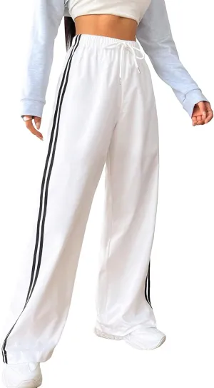 Verdusa Women's Casual Drawstring Elastic Waist Loose Wide Leg Pants Trousers White X-Small