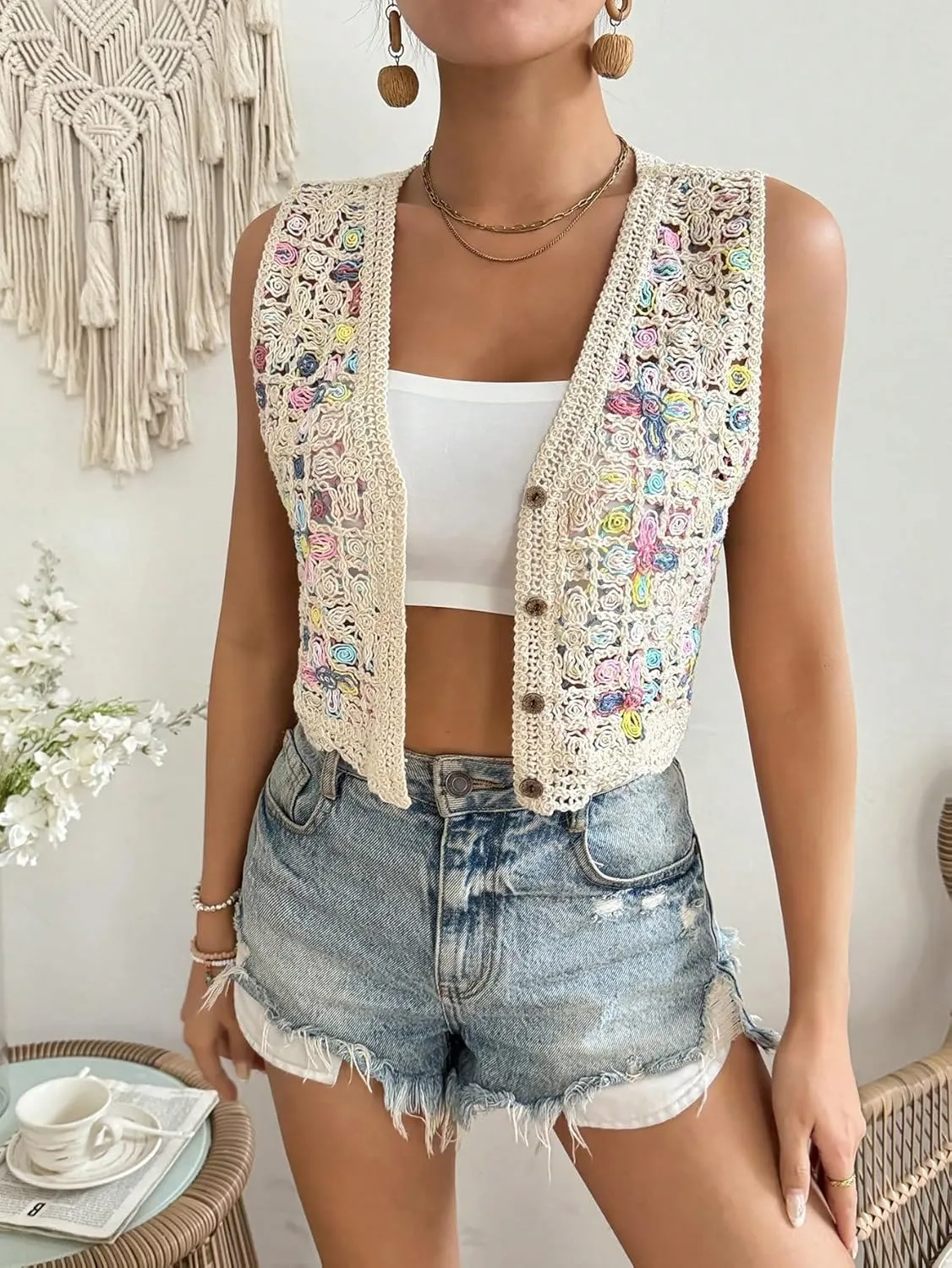 Verdusa Women's Hollow Out Crochet Button Front V Neck Sleeveless Knit Sweater Vest