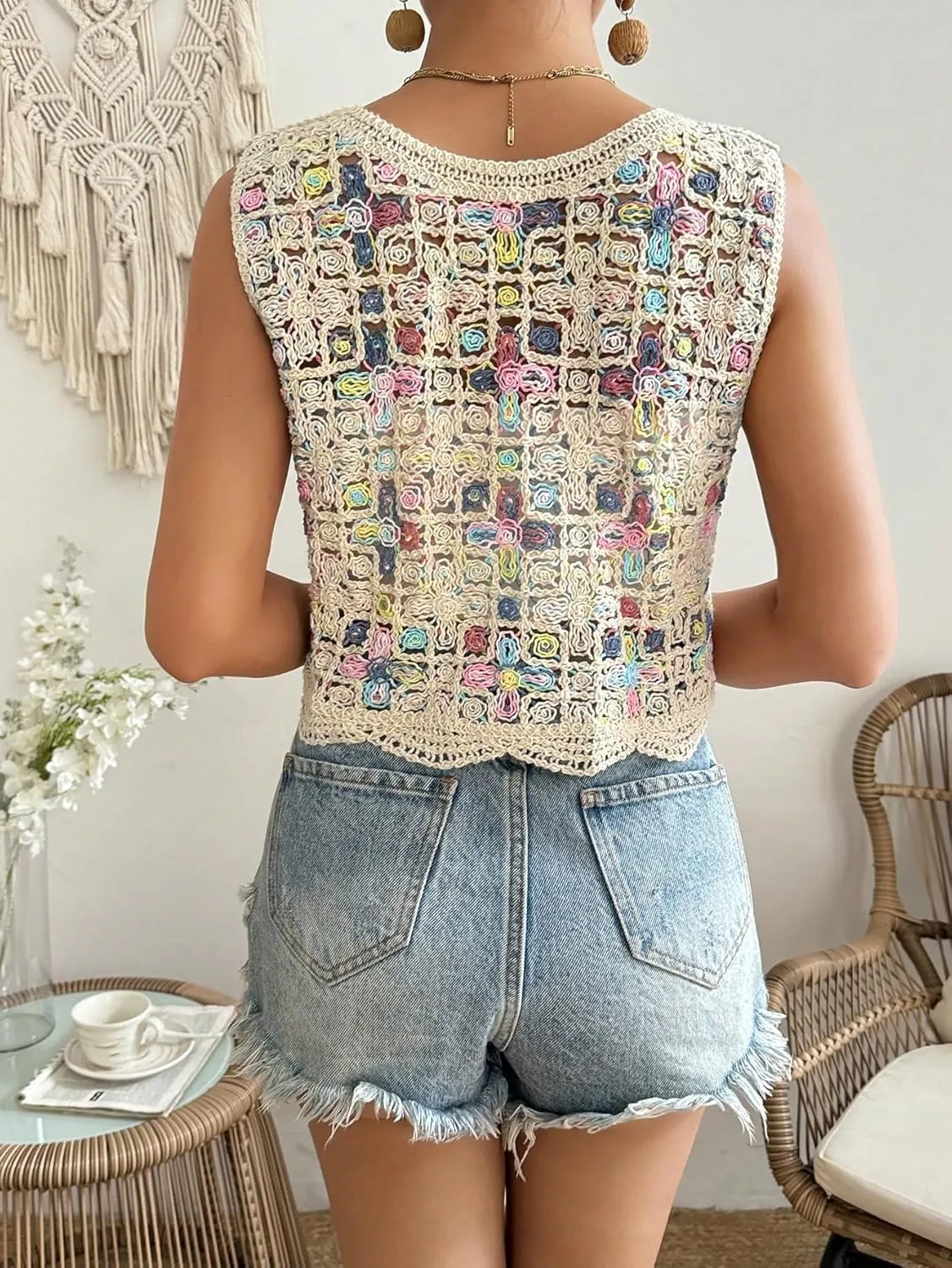 Verdusa Women's Hollow Out Crochet Button Front V Neck Sleeveless Knit Sweater Vest