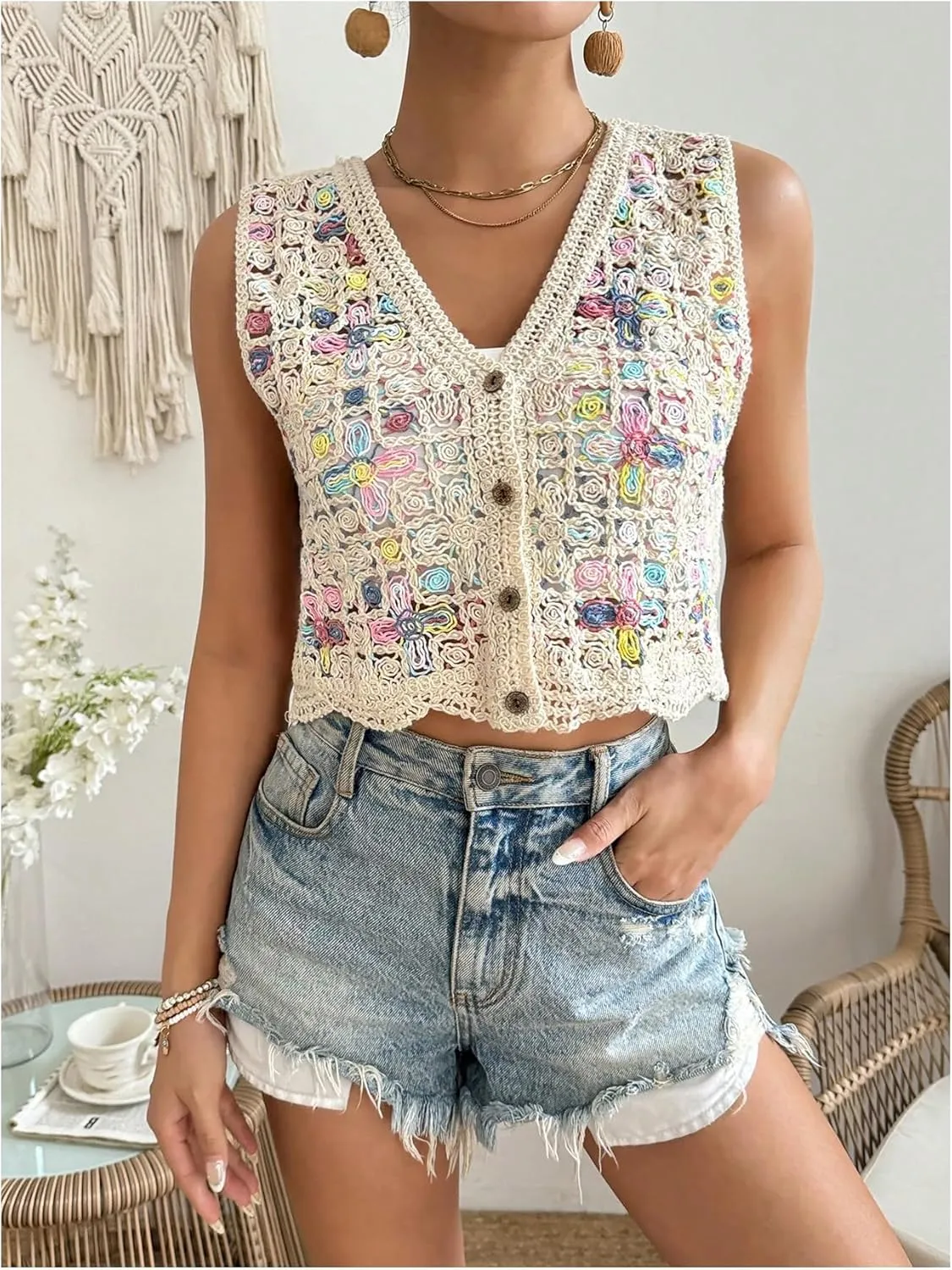 Verdusa Women's Hollow Out Crochet Button Front V Neck Sleeveless Knit Sweater Vest