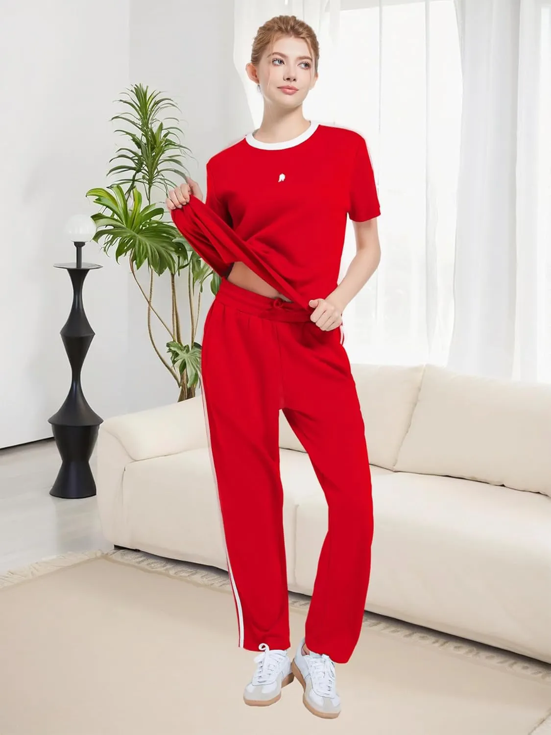 W JIANWANG Women's 2 Piece Lounge Sets for Women Tracksuit Sets Short Sleeve Sweatsuits for Women Travel Outfits