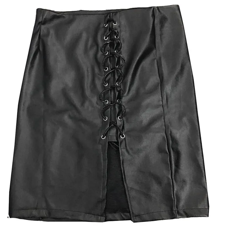 Women Black Skirt in ROCK STYLE / Side Split Pencil Skirts / Black Lace Up PU Leather