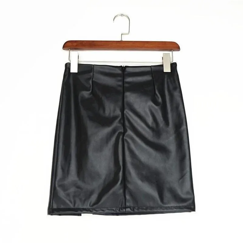Women Black Skirt in ROCK STYLE / Side Split Pencil Skirts / Black Lace Up PU Leather