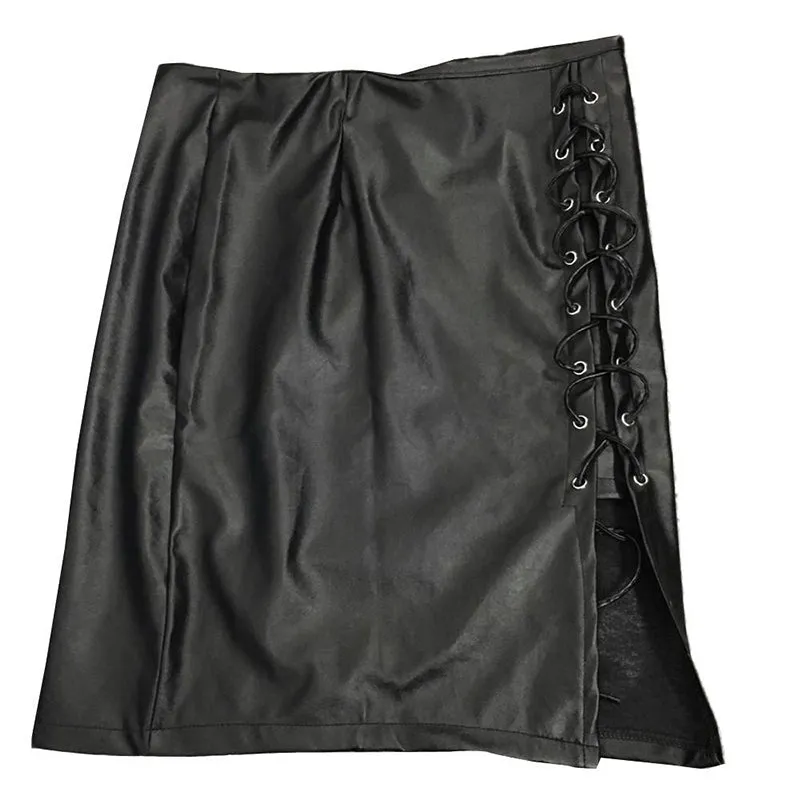 Women Black Skirt in ROCK STYLE / Side Split Pencil Skirts / Black Lace Up PU Leather