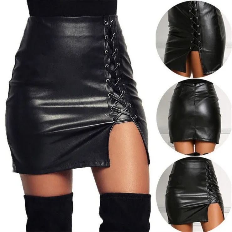 Women Black Skirt in ROCK STYLE / Side Split Pencil Skirts / Black Lace Up PU Leather