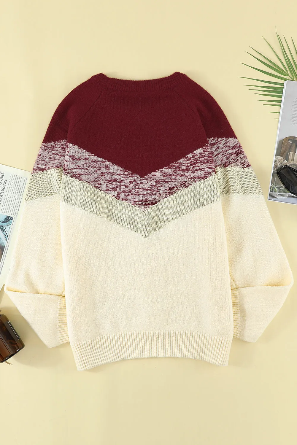 Women Round Neck V Stripe Pattern Short Sweater