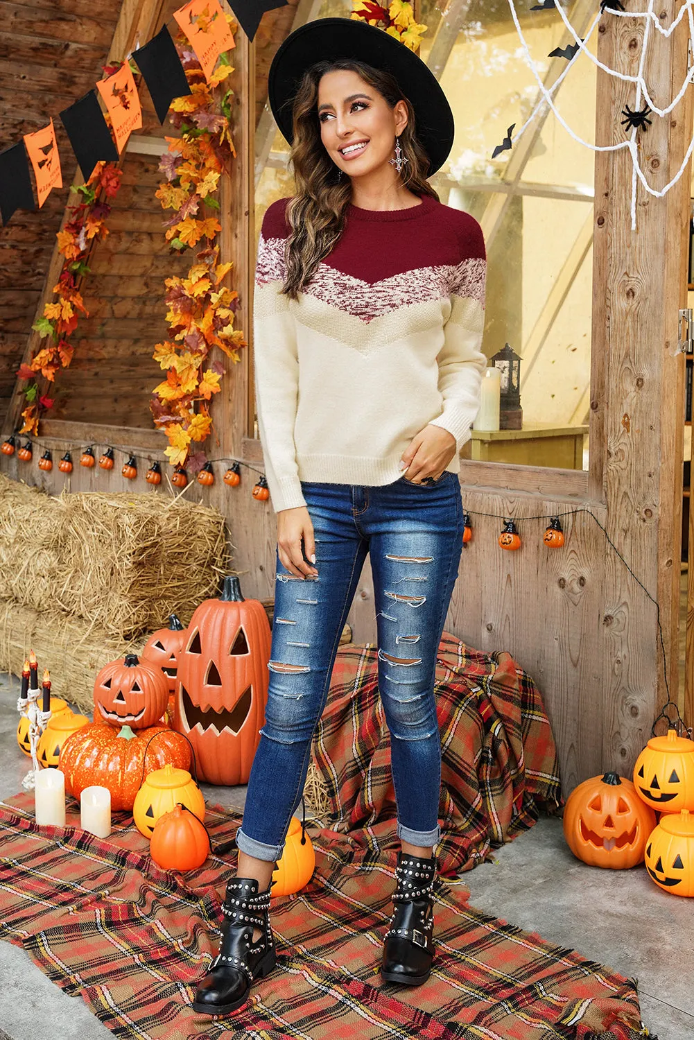 Women Round Neck V Stripe Pattern Short Sweater