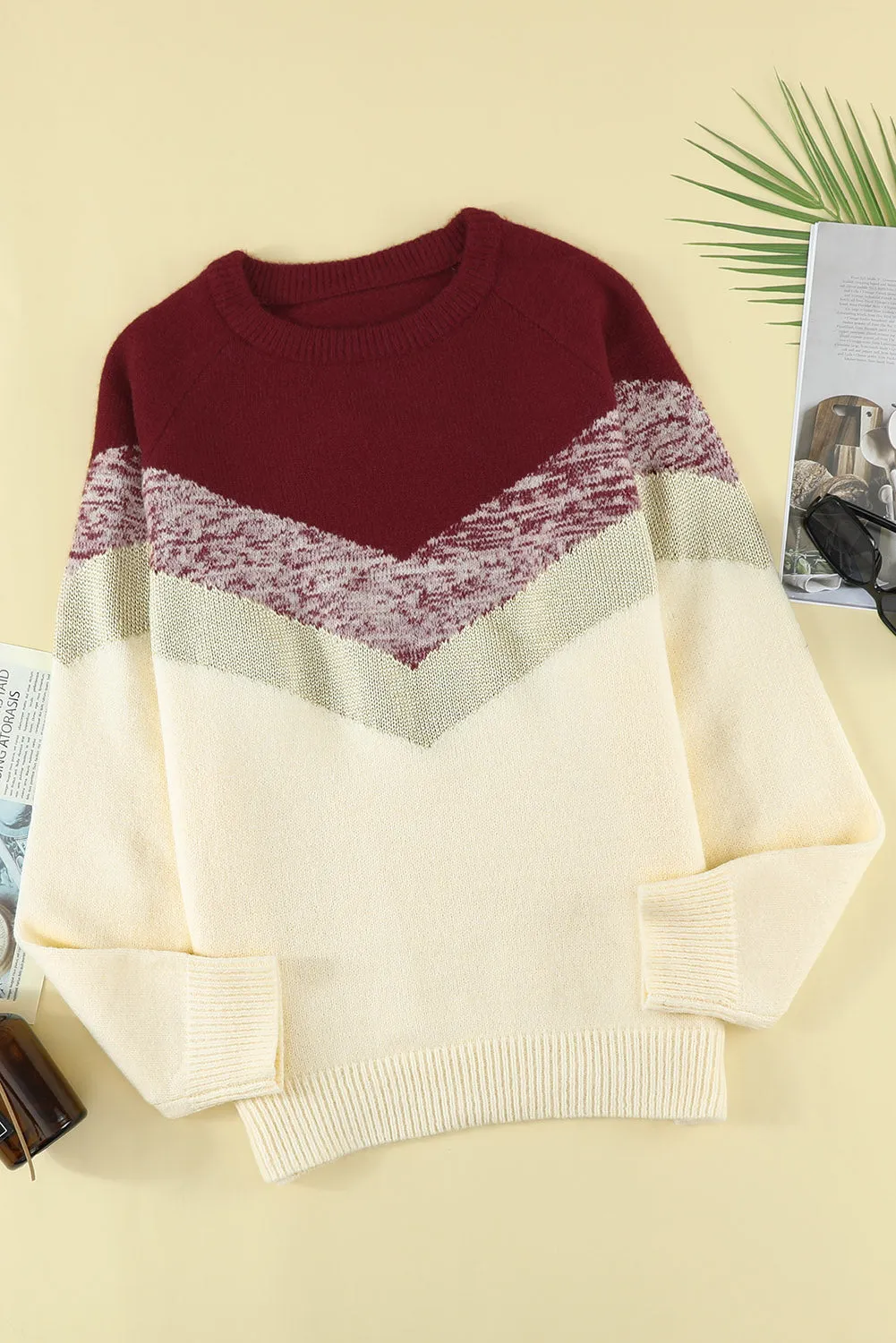 Women Round Neck V Stripe Pattern Short Sweater