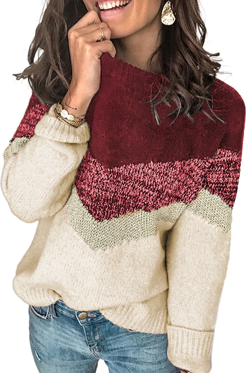 Women Round Neck V Stripe Pattern Short Sweater