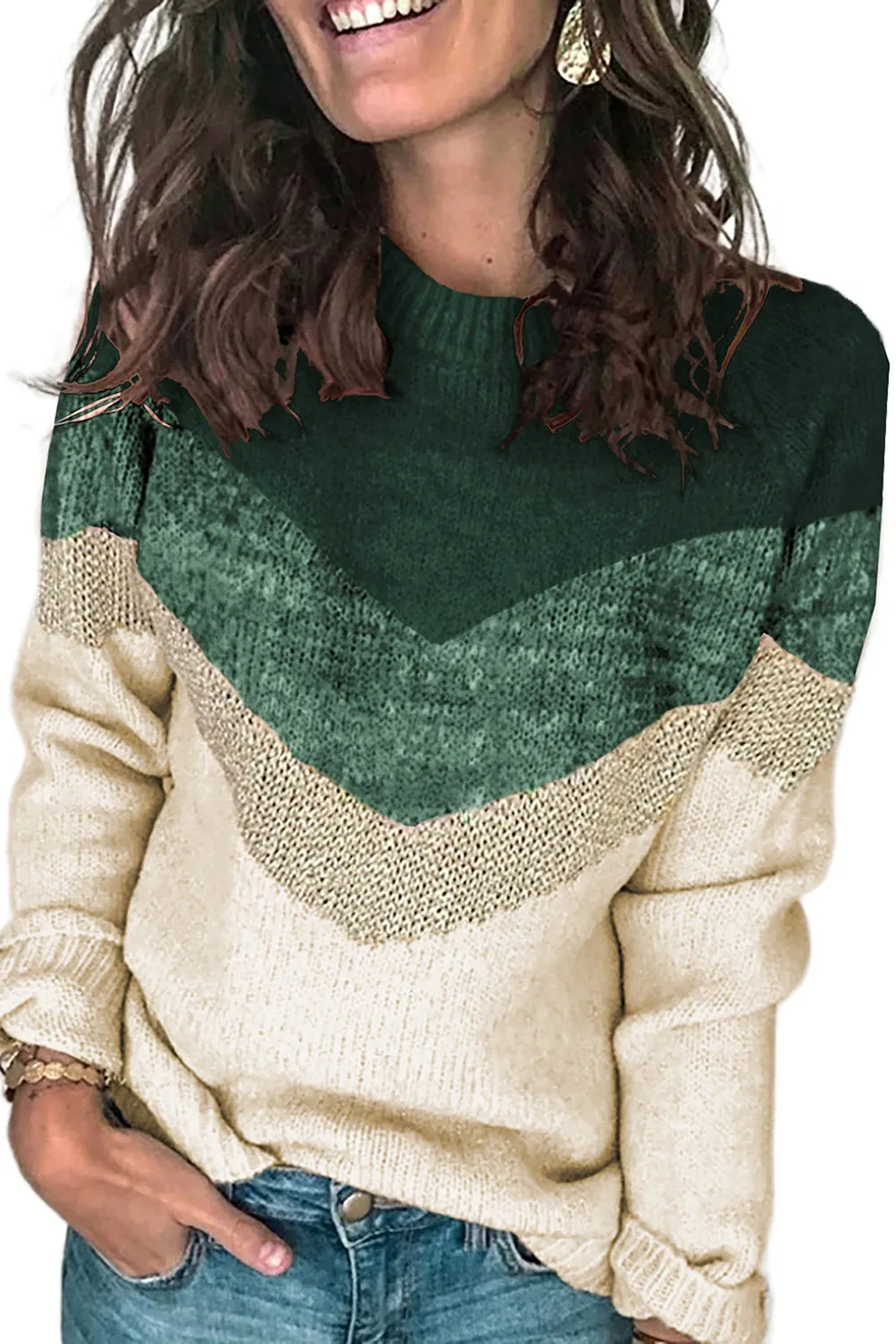 Women Round Neck V Stripe Pattern Short Sweater