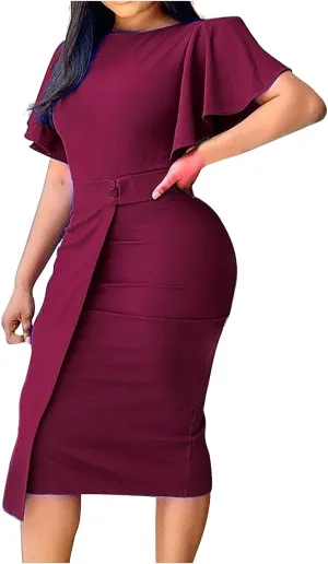 Women's 2024 Ruffle Dress Midi Dress Crew Neck Flowy Swing Tiered Fall Casual Knee Length Plus Size Dresses