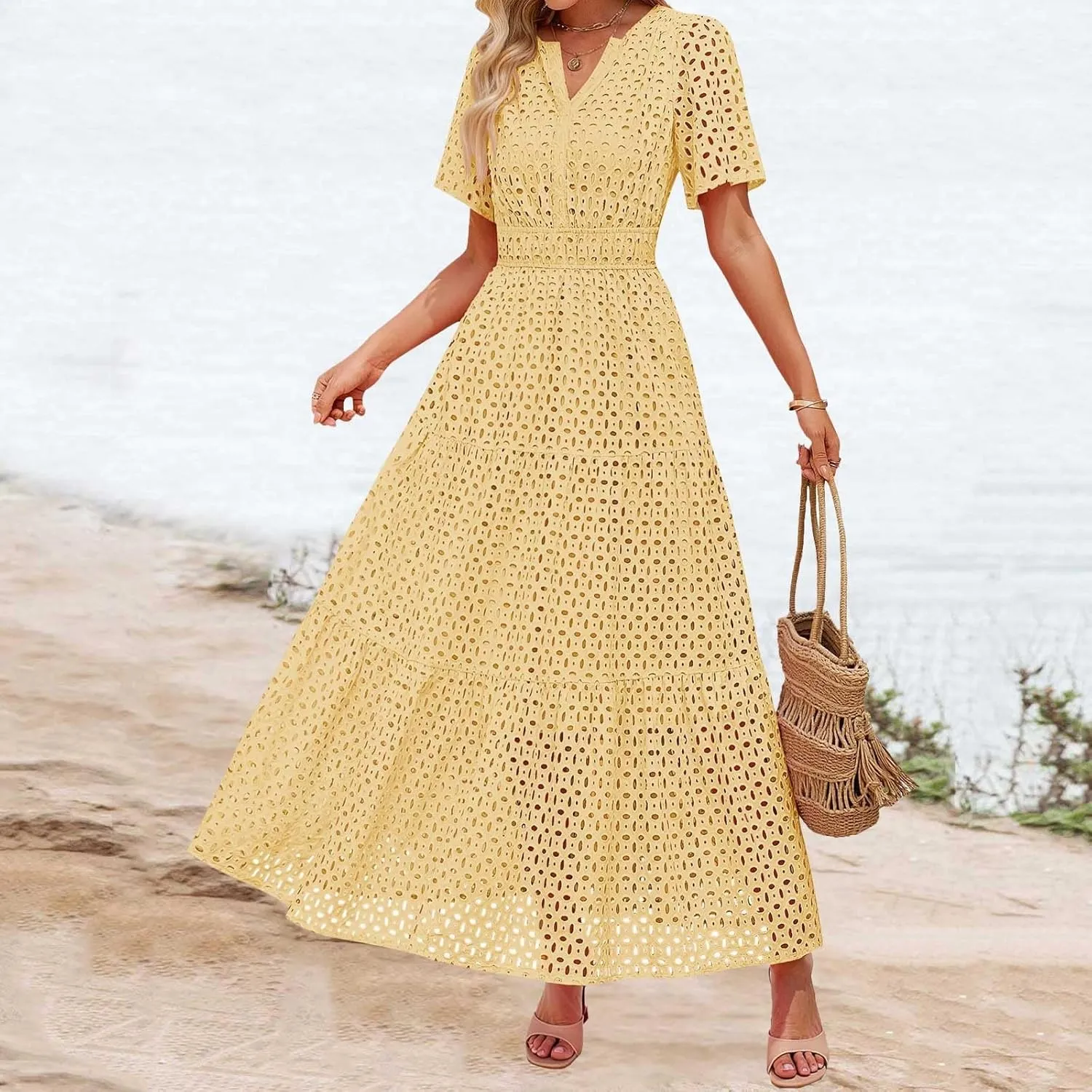 Women's 2025 Summer Short Sleeve Maxi Dress Casual V Neck A Line Hollow Out Eyelet Ruffle Swing Flowy Long Dresses