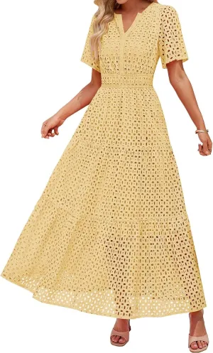 Women's 2025 Summer Short Sleeve Maxi Dress Casual V Neck A Line Hollow Out Eyelet Ruffle Swing Flowy Long Dresses