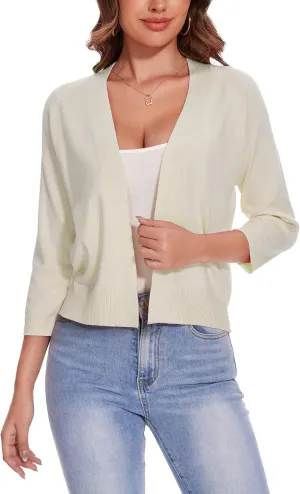 Women's 3/4 Sleeve Open Front Cropped Cardigan Solid Shrugs Lightweight Knit Sweater