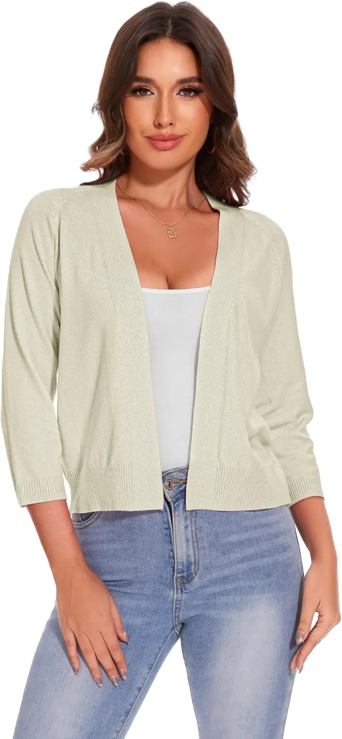 Women's 3/4 Sleeve Open Front Cropped Cardigan Solid Shrugs Lightweight Knit Sweater